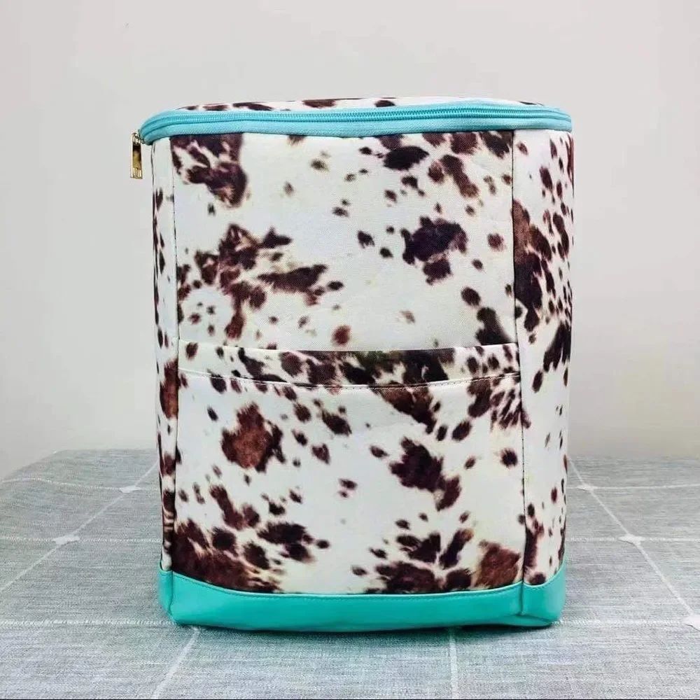 Western Cowhide Print Backpack Cooler with Turquoise Trim Insulated Lunch Bag
